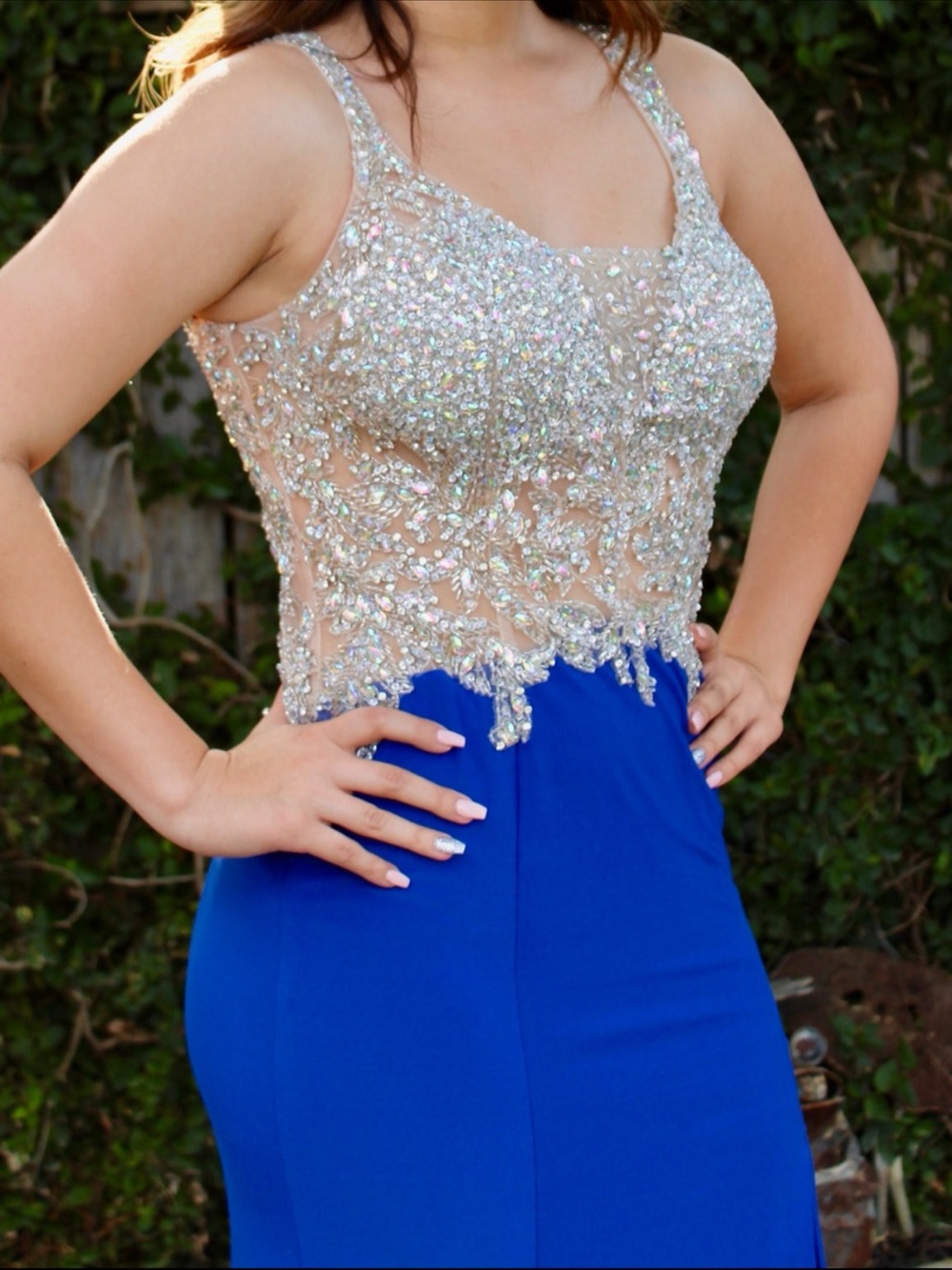 Silver Bedazzled Embellished Royal Blue Evening Dress (Formal, Prom)